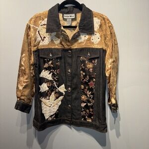 Indigo Moon Jacket Women's SzL Black Tan Floral Embroidery Artsy‎ Maximalist